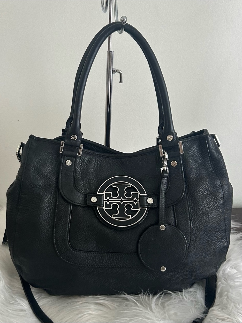 Tory Burch Amanda Black Pebbled Leather Tote Shoulder Bag Crossbody - Picture 4 of 14